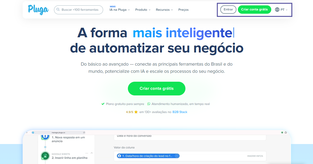 Tela de login da Pluga